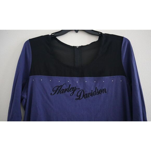 Harley-Davidson Women's Sz 2XL Blue/Black L/S Chiffon Scoop Neck Back Zip Blouse - Picture 3 of 10